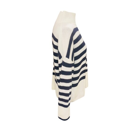 New Joie Women Navy White Striped Turtleneck Sweater 100% Cashmere L Sustainable - Picture 5 of 11